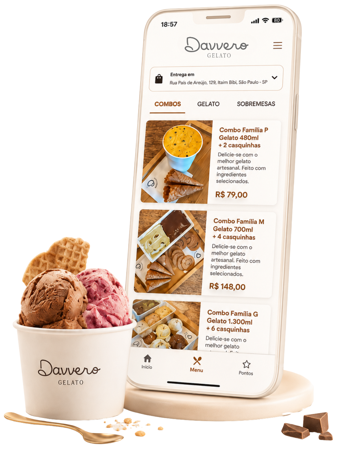 Aplicativo Davvero Gelato exibido em um smartphone com gelatos