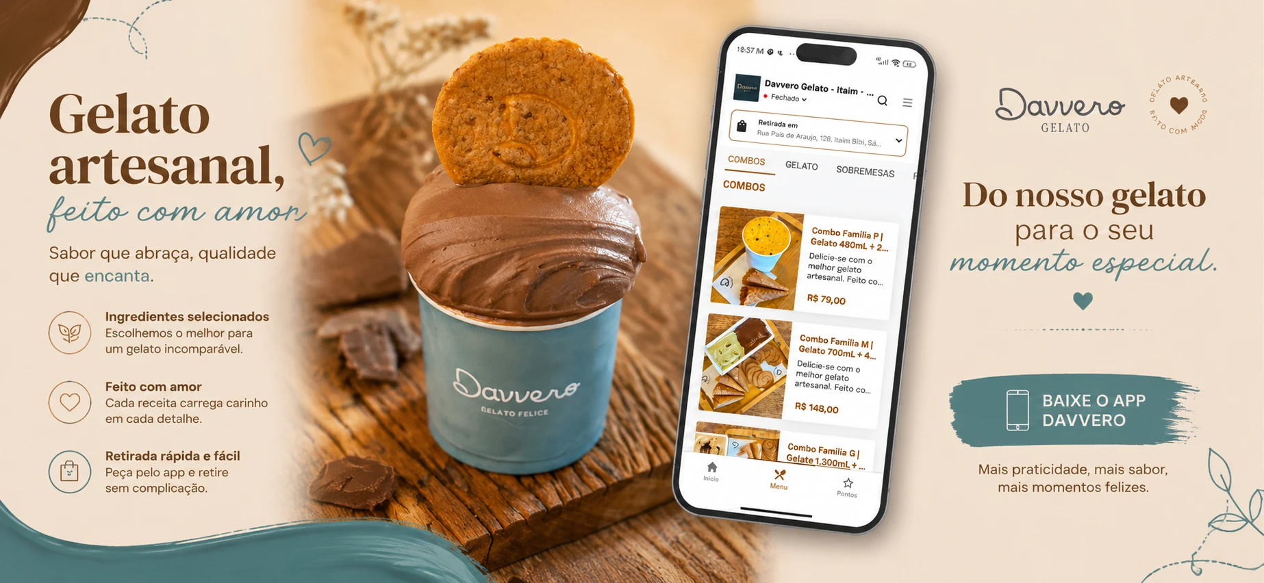 Gelato artesanal Davvero e chamada para baixar o aplicativo