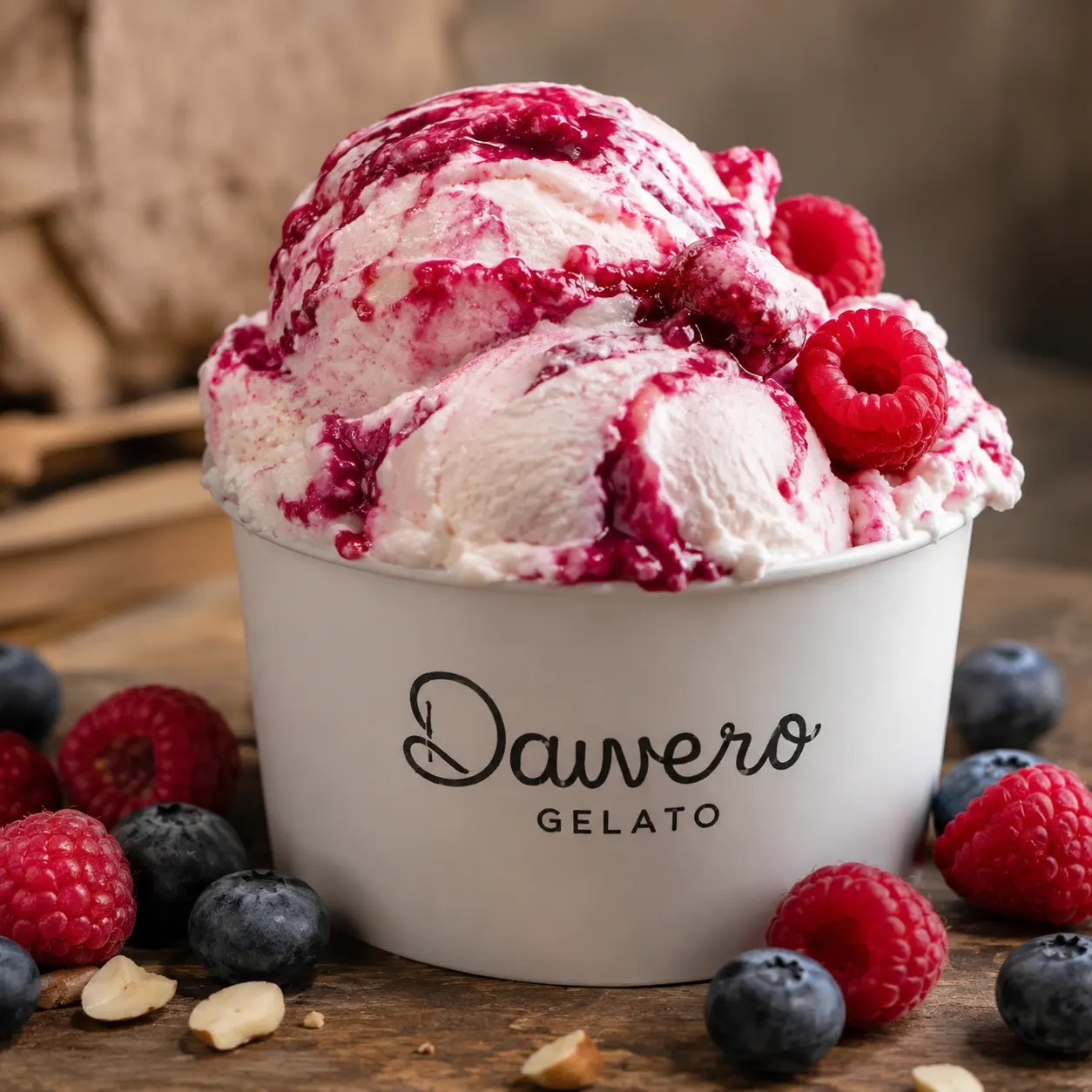 Gelato de frutas vermelhas com pedaços de morango