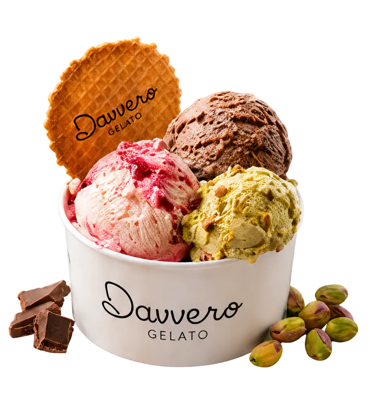 Gelato Davvero servido com waffle e pistache